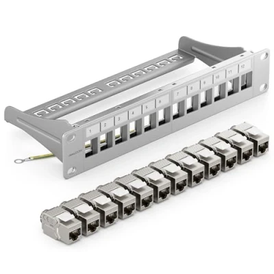 Abbildung von deleyCON 12 Port Patchpanel Set Patchfeld Modular 1 HE 10&quot; Zoll Rackeinbau + 12x RJ45 Keystone Module CAT6a Kompatibel mit CAT5 CAT6 CAT7 LAN Netzwerkkabel Verlegekabel Grau