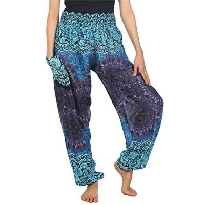 Abbildung von Lofbaz Damen Haremshose mit gesmoktem Boho Hosen Rose 2 Blau Size S