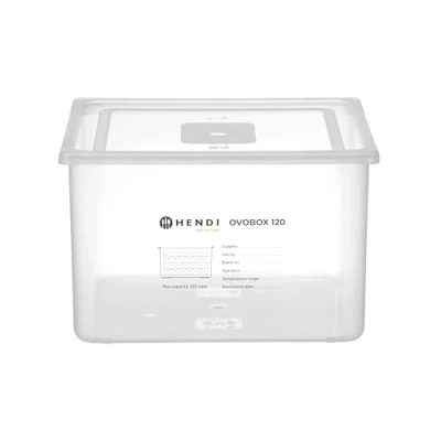 Abbildung von HENDI Eierbox, mit 8 Eierschalen, für 4 Eiern gefüllte Schalen, 120 Eier, Temperaturbeständig von 40 bis 80C, Eierbehälter, OVOBOX 120, GN2/3, 255x325x(H)202mm, Polypropylen, PET, Transparent