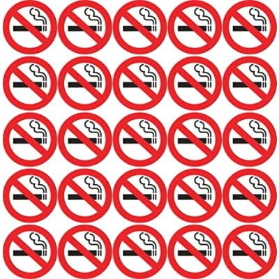Abbildung von 25 Stück Rauchen verboten Aufkleber Ø 6 cm rund mit UV Schutz Warnzeichen für Außen und Innenbereich Verbotszeichen Nicht erlaubt Zigaretten
