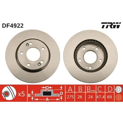 Abbildung von TRW DF4922 Bremsscheibe 275 26 5 114,3 Belüftet lackiert