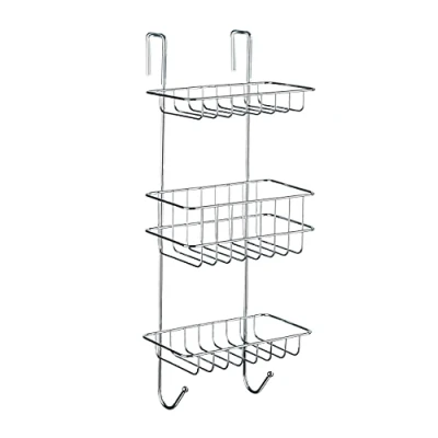 Abbildung von WENKO Duschregal Mod. Revigo, Badezimmerregal zum Einhängen an die Duschkabine mit drei viereckigen Ablagen in offenem Drahtkorb Design, befestigen ohne Bohren, aus Stahl, 22,5 x 57 18,5 cm, Chrom