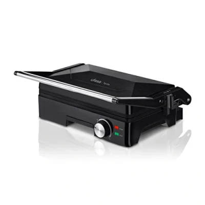 Abbildung von Ufesa Teide Tischgrill Elektrisch, Elektrogrill für Balkon, Barbecue Indoor, 180º Öffnung, Antihaftbeschichtung Edelstahl, 1600W, Temperaturkontrolle, Platte+Abtropfschale spülmaschinenfest