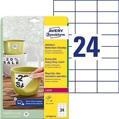Abbildung von AVERY Zweckform L4718REV 20 Wetterfeste Folienetiketten (480 Aufkleber, 70x37mm auf A4, selbstklebend, wasserfest, wiederablösbar, strapazierfähig, bedruckbare Outdoor Klebefolie) Blatt, weiß