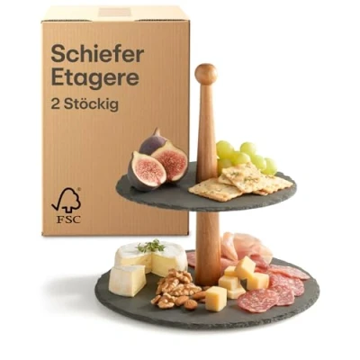 Abbildung von Praknu Schiefer Etagere 2 Stöckig mit 𝗙𝗦𝗖® Akazienholz Rund Schwarz Eleganter Servierständer für Desserts &amp; Obst Ideal Deko Buffet