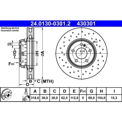 Abbildung von ATE Bremsscheibe MERCEDES BENZ: C Class T modell, Saloon, Coupe 24.0130 0301.2 0004212112,A0004212112 Bremsscheiben, Scheibenbremsen