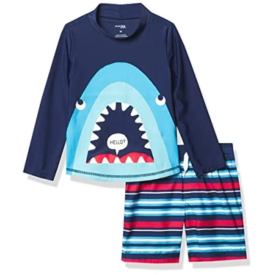 Abbildung von Simple Joys by Carter&#039;s Baby Jungen Swimsuit Trunk and Rashguard Rash Guard Set, Marineblau Haifisch/Rot Streifen, 18 Monate