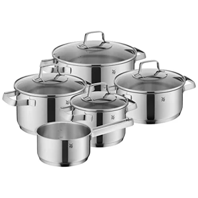 Abbildung von WMF Belmonte Topfset Induktion 5 teilig, Kochtopf Set mit Glasdeckel, Cromargan Edelstahl poliert, Töpfe unbeschichtet, silber, ohne Innenskalierung, für alle Herdarten geeignet, tropffrei