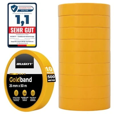 Abbildung von HASKYY Goldband Malerkrepp Kreppband 10x Malerband 25mm x 50m Profi Abdeckband Malertape Klebeband Washi Tape Gold Papiertape Selbstklebend
