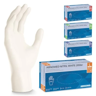 Abbildung von 200x ARNOMED Einweghandschuhe Weiß, Einmalhandschuhe L, Handschuhe Einweg 200 Stück/Box, Gummihandschuhe puderfrei, latexfreie Nitrilhandschuhe in S, M, L &amp; XL, Putzhandschuhe, Koch /Küchen