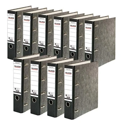 Abbildung von Original Falken 10er Pack Recycling Doppelordner Wolkenmarmor. Made in Germany. 7 cm breit schwarz für 2x DIN A5 quer Ablage mit geklebtem Rückenschild Kontoauszug Ordner Blauer Engel