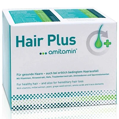 Abbildung von amitamin Hair Plus Haar Vitamine 60 Kapseln, Apothekenqualität, vegan, auch bei erblichem Haarausfall, mit Biotin, Vitamin B1, B2, B6, B12, Hirse und Traubenkernextrakt, A, C, E, Selen