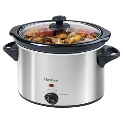 Abbildung von Bestron Slowcooker für 4 Personen, Schongarer mit Keramikpfanne &amp; Glasdeckel, 3 Stufen Thermostat, ideal viele Gerichte wie Fleisch, Suppen Gemüse, 3.5 Liter, Farbe: Silber