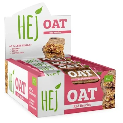 Abbildung von HEJ Oat Red Berries veganer Müsliriegel mit Nussmus &amp; gesüßt Reissirup, Dattelpaste Haferriegel Snack 40% weniger Zucker, glutenfrei, bio 12 Hafer x 45 g