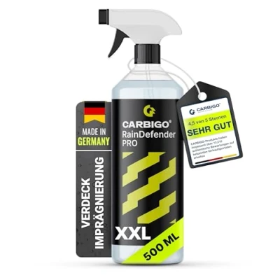 Abbildung von CARBIGO RainDefender Imprägnierspray 500 ml I Cabrioverdeck Imprägnierung + UV Schutz Textil, Leder, Schuhe PFC freie, vielseitig anwendbare Verdeck Imprägnierung, waterproof spray