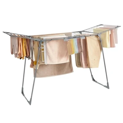Abbildung von SONGMICS Wäscheständer, Standtrockner 56,5 x 173 96,5 cm, Flügelwäscheständer, Flügelwäschetrockner platzsparend, mit Sockenhalter, Metall, für Kleidung, Handtücher, Wäsche, grau LLR518G01