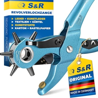 Abbildung von S&amp;R Revolver Lochzange, MADE in GERMANY, als Gürtel Lochzange/Leder Locher, für Uhrenarmbänder, Gurte, Karton, Stoff, 6 auswechselbare hochpräzise Lochpfeifen den Größen 2/2,5/3/3,5/4/4,5 mm