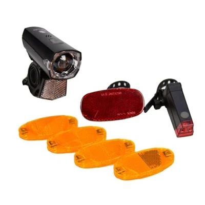 Abbildung von Fischer Fahrrad Beleuchtungs Set 12 Lux, 7 teiliges Batterie Leuchtenset, Front und Rückleuchte, Reflektor Speichenstrahler, Spritzwasserschutz nach IP44, StVZO zugelassen