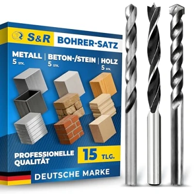 Abbildung von S&amp;R Universal Drill Bohrer Set 15 tlg. Bohrbits für Holz, Stein &amp; Metall Holzspiralbohrer, Zentrierspitze, HSS M2 Stahl Metallbohrer Betonbohrer, Karbidplatte, Größen 3 8mm