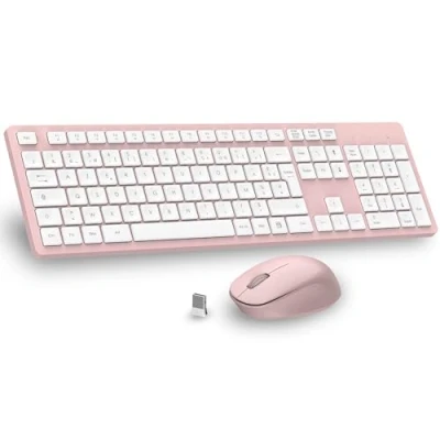 Abbildung von LeadsaiL Kabellose Maus Tastatur, ergonomisch, volle Größe, 2,4 GHz mit USB Empfänger, 12 programmierbare Tasten für PC, Laptop, Windows, Mac, AZERTY, Französisch, Rosa