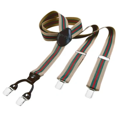 Abbildung von DonDon Hosenträger Herren extra stark 3,5 cm breit mit 4 Clips in Y Form und braunem Leder Patch, schwarz weiß gemustert