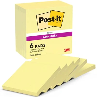 Abbildung von Post it Super Sticky Notes Kanariengelb, Packung mit 6 Blöcken, 90 Blatt pro Block, 76 mm x mm, Farbe: Gelb Extra stark klebende Notizzettel für Notizen, To Do Listen und Erinnerungen