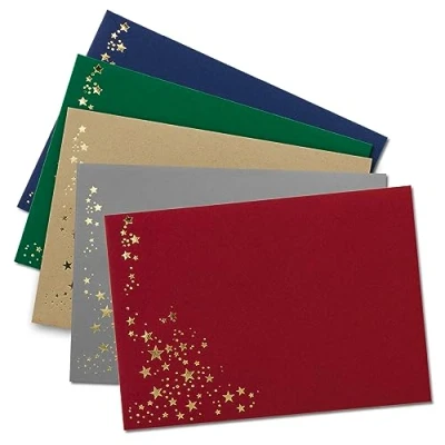 Abbildung von 25x Weihnachts Briefumschläge DIN C6 mit Gold Metallic geprägtem Sternenregen Farbenmix 1 je Farbe 5 Stück Nassklebung 114 x 162 mm
