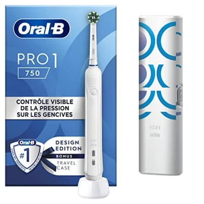 Abbildung von Oral B Pro 1 750 Elektrische Zahnbürste, Kopf und Reiseetui, entworfen von Braun, Weiß, Original Gifts