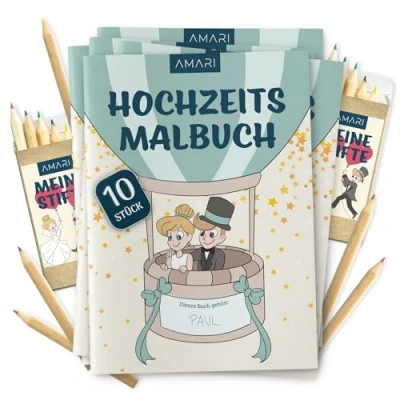 Abbildung von AMARI ® Hochzeitsmalbuch 10er Set inkl. Buntstifte Gastgeschenk für jede Hochzeit Kinder Malbuch als Beschäftigung, Gäste Notfallkörbchen Gastgeschenke Unterhaltung