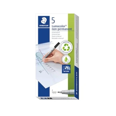 Abbildung von Staedtler Folienstift Lumocolor non permanent, wasserlösliche Tinte, für fast alle Oberflächen geeignet, Linienbreite F 0,6 mm, nachfüllbar, lange Lebensdauer, 5 schwarze Stifte, 316 9X