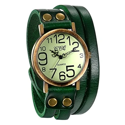 Abbildung von JewelryWe Herren Damen Armbanduhr, Grün Leder Armband Wickelarmband, Casual Retro, Analog Quarz Uhr, Vintage grünes Digital Zifferblatt