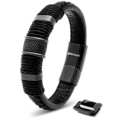 Abbildung von SERASAR Herrenarmband Leder 23cm Schwarz Männer Armband Armreif Herren Lederband Herrenarmreif Armschmuck Schmuck Armkette Flecht Wickelarmband Kette