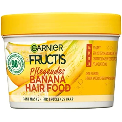 Abbildung von Garnier Haarmaske, Pflegendes Banana Hair Food, Hairfood feuchtigkeitsspendende 3in1 Maske, für trockenes Haar, pflegt und verleiht dem Haar mehr Geschmeidigkeit, Fructis, 390 ml