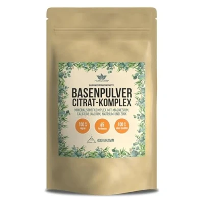 Abbildung von naturalie® Basenpulver mit Basencitraten im Komplex reich an Calcium, Magnesium, Kalium und Zink laborgeprüfte Qualität 385 Gramm BPA freien Glastiegel