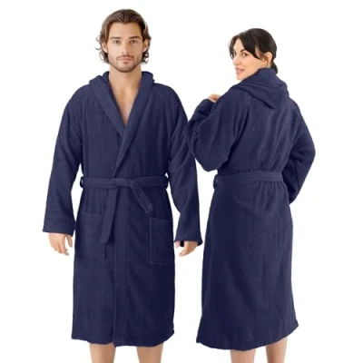 Abbildung von HOMELEVEL Frottee Bademantel 100% Baumwolle Frauen Männer Damen und Herren in Marineblau, XXL