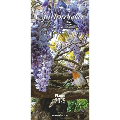 Abbildung von Alpha Edition Gartenzauber 2025 Streifenplaner, 22x45cm, Kalender mit 3 Spalten für Eintragungen und Notizen, Mondphasen, Monatsübersicht, deutsches Kalendarium