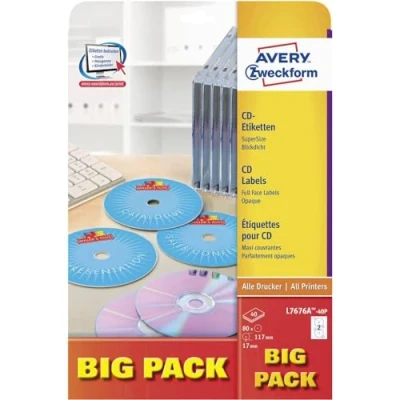 Abbildung von AVERY Zweckform L7676A 40P selbstklebende CD Etiketten (80 blickdichte Aufkleber, Ø 117mm auf A4, SuperSize, Papier matt, bedruckbare Klebeetiketten für alle A4 Drucker) 40 Blatt, weiß