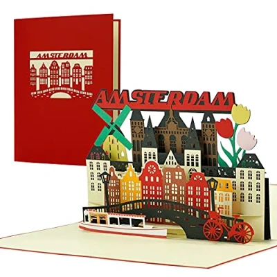 Abbildung von Reisegutschein nach Amsterdam 3D Pop Up Karte als Gutschein, Einladung für einen Urlaub, eine Reise Holland Schöne Geschenkidee und Geschenk, A144AMZ