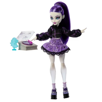 Abbildung von Monster High Self-Scare Secrets Spectra Vondergeist-Puppe und Zubehörset mit 13 realistischen Überraschungen wie Maniküre-Set Plattenspieler, JHK46