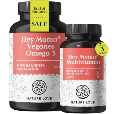 Abbildung von NATURE LOVE® Hey Mama Schwangerschaftsvitamine Folsäure, Omega 3, Vitamine, Mineralstoffe 100% vegan bei Kinderwunsch, Babyplanung und Schwangerschaft laborgeprüft &amp; in Deutschland produziert