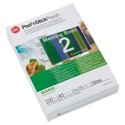 Abbildung von GBC selbstklebende Laminierfolien A5 125 mic, Peel&#039;nStick, Robuste Laminiertaschen im 100er Pack, Glänzend, Transparent, Ideal für Büro &amp; Schule, 3747244