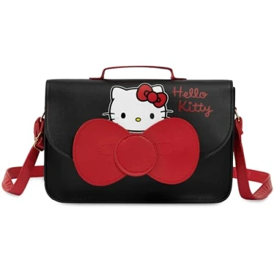 Abbildung von Hello Kitty Handtasche Mädchen, Umhängetasche mit verstellbarem Riemen Geschenke für Mädchen &amp; Teenager (Schwarz/Rot)