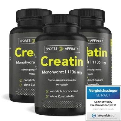 Abbildung von Sports Affinity Creatin Monohydrat Kapseln 3408 mg pro Tagesdosis Geschmacksneutral Zur Erhöhung der körperlichen Leistung Made In Germany 270