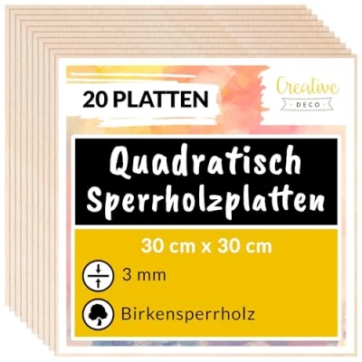 Abbildung von Creative Deco 20 Quadratische Sperrholzplatte 3mm 300 x (+/ 0,5) mm Birkensperrholz Dünne Holz Zuschnitte Perfektes Blatt für Laubsäge Brandmalerei Laserschnitt CNC Router