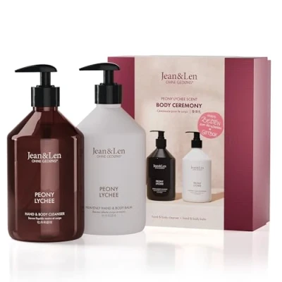 Abbildung von Jean &amp; Len Body Ceremony Peony Lychee, mit Hand Cleanser und Balm, hochwertige Geschenkbox, sanft floraler Duft, Verpackung ist FSC zertifiziert, veganes Geschenkset