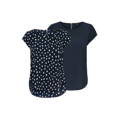Abbildung von ONLY Damen Top ONLVIC 2er Pack Basic Shirt Rundhals Regular Fit Bluse Kurzarm Oberteil Reißverschluss Muster Sommer Blau 42, Größe:42, Farbe:Night Sky (15284243)