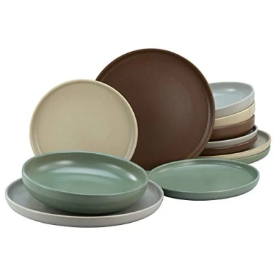 Abbildung von CreaTable, 23189, Serie uno NATURAL, 12 teiliges Geschirrset, Teller Set aus Steinzeug, spülmaschinen und mikrowellengeeignet, Made in Portugal