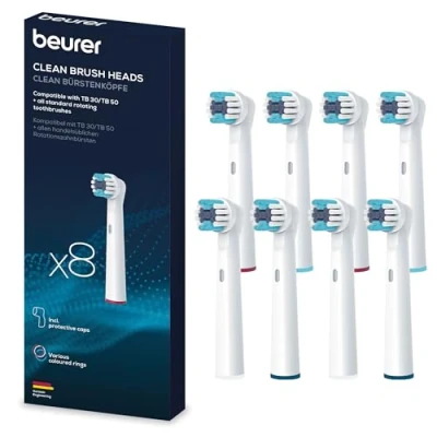 Abbildung von Beurer TB 30/50 Aufsteckbürsten für elektrische Zahnbürste, Clean, 8 Stück, Bürstenköpfe kompatibel mit Oral B Zahnbürsten, weiße Ersatzbürsten