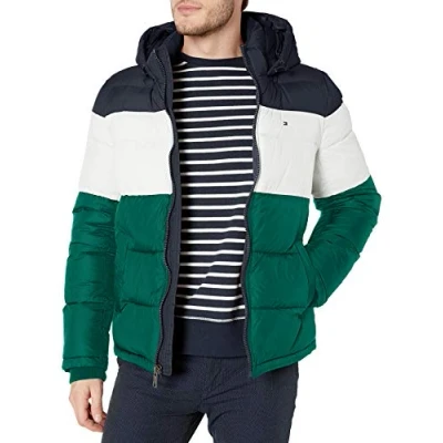 Abbildung von Tommy Hilfiger Herren Hooded Puffer Jacket Daunenalternativer Mantel, Grüner Farbblock, XXL