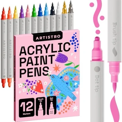 Abbildung von Artistro 12 Acrylfarbenmarker für Stoff, Steine, Papier, Holz, Leinwand, Glas, Heimwerken Sicher Kinder, Acrylfarbenstifte mit Doppelspitze (Doppelspitze Punkt + Pinsel, 12)